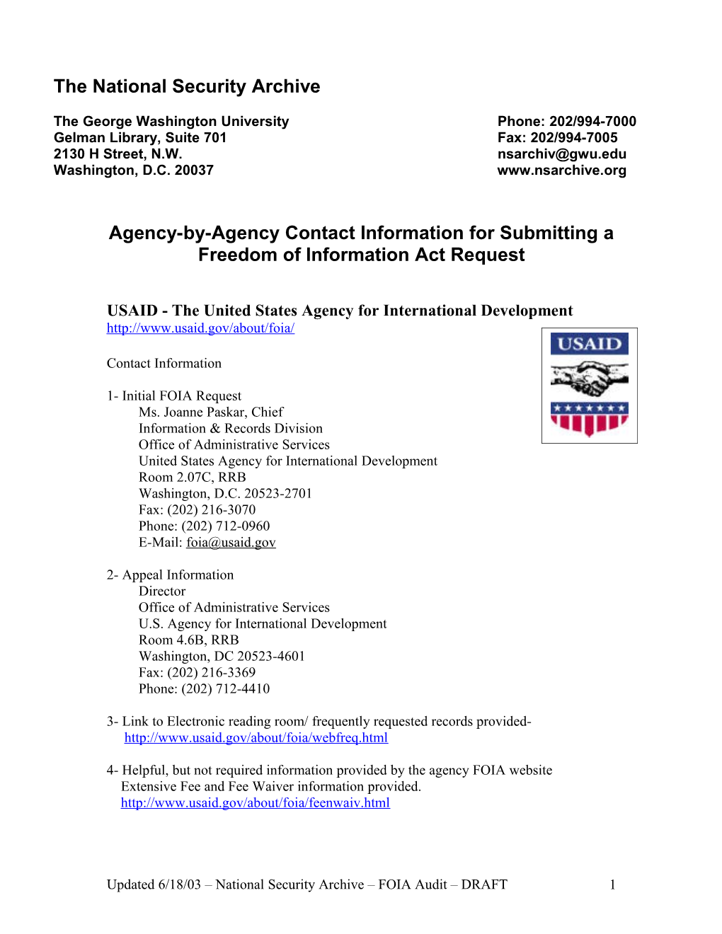 Agency-By-Agency Useful Information for Submitting a Freedom of Information Act Request