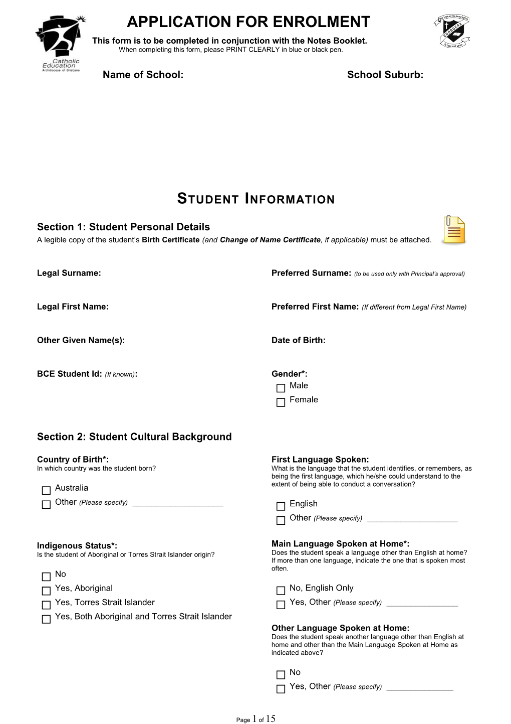 Enrolment Application - Form - Editable Print Version