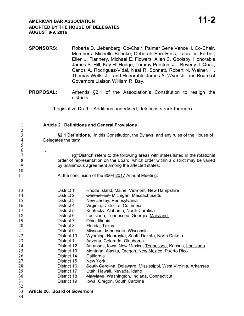 PROPOSAL:Amends 2.1 of the Association S Constitution to Realign the Districts