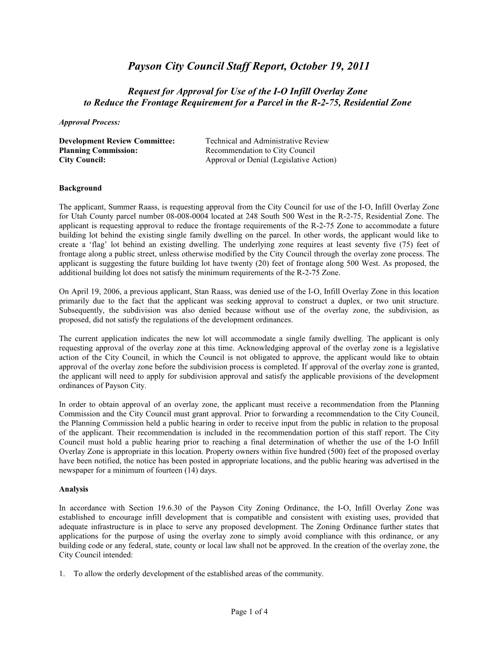 Request for Approval for Use of the I-O Infill Overlay Zone