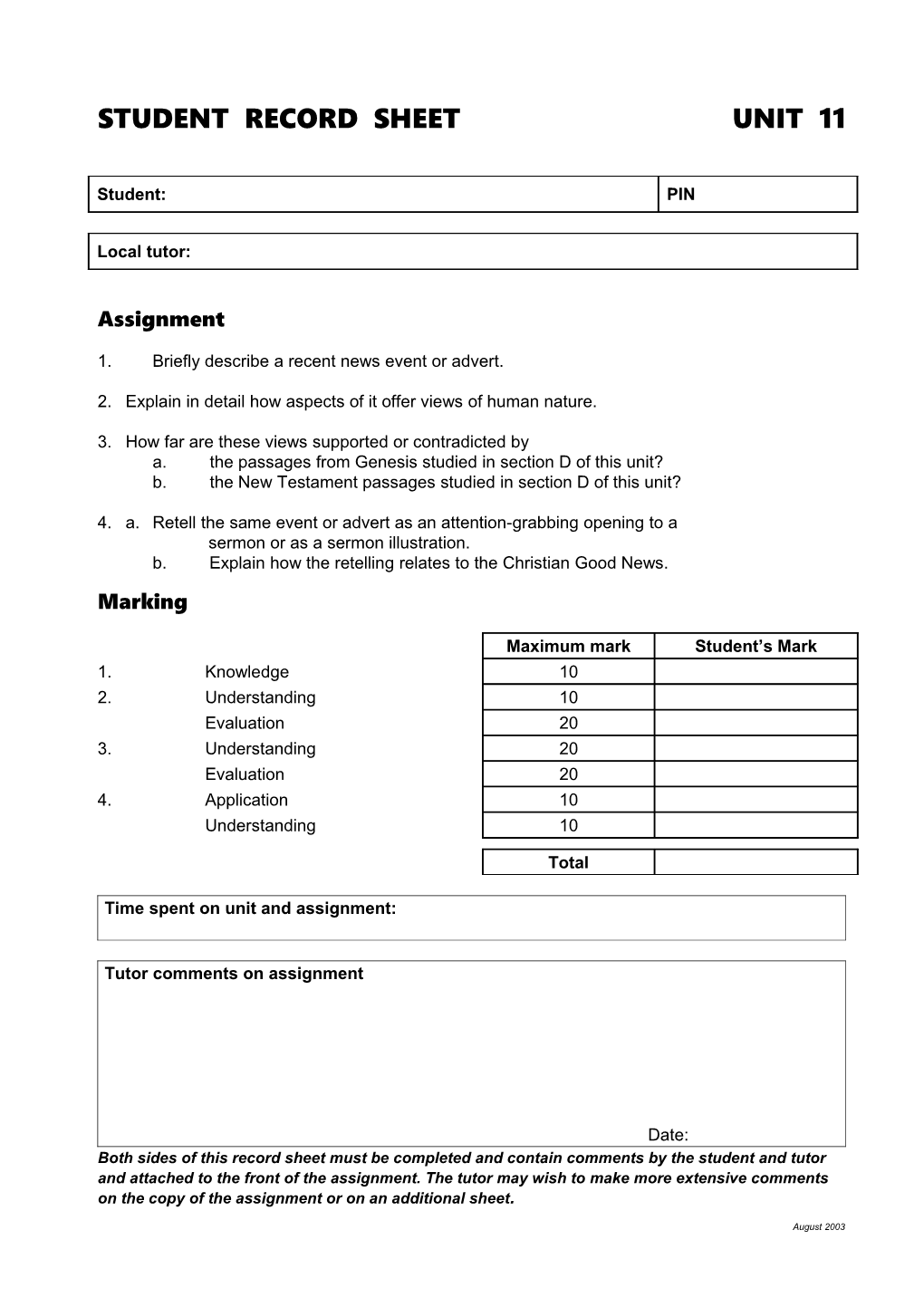 Student Record Sheet Unit 11