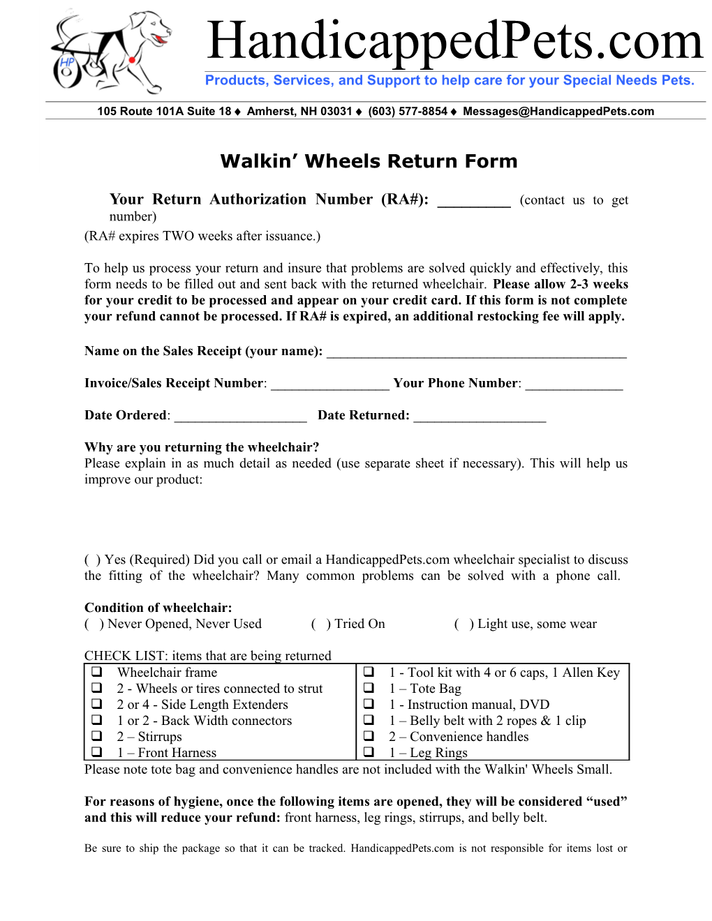 Walkin Wheels Return Form