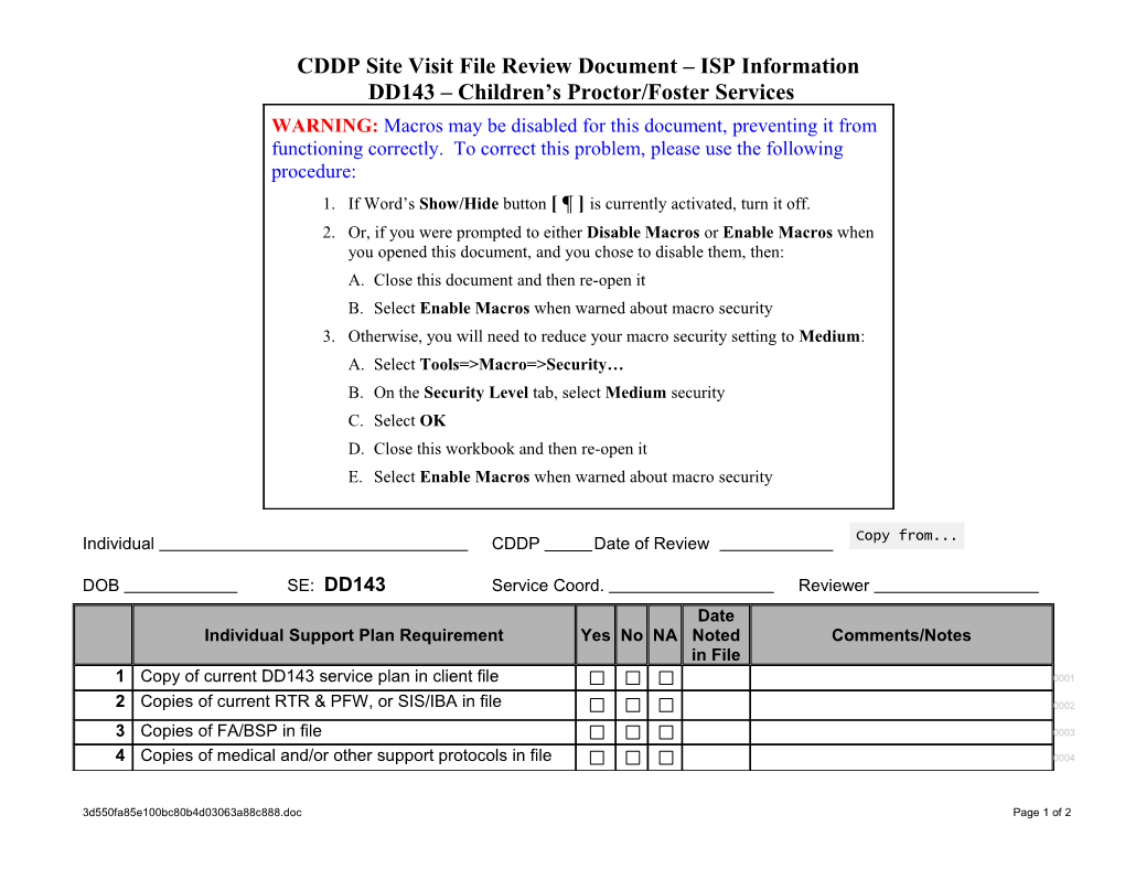 CDDP Site Visit File Review Document ISP Information