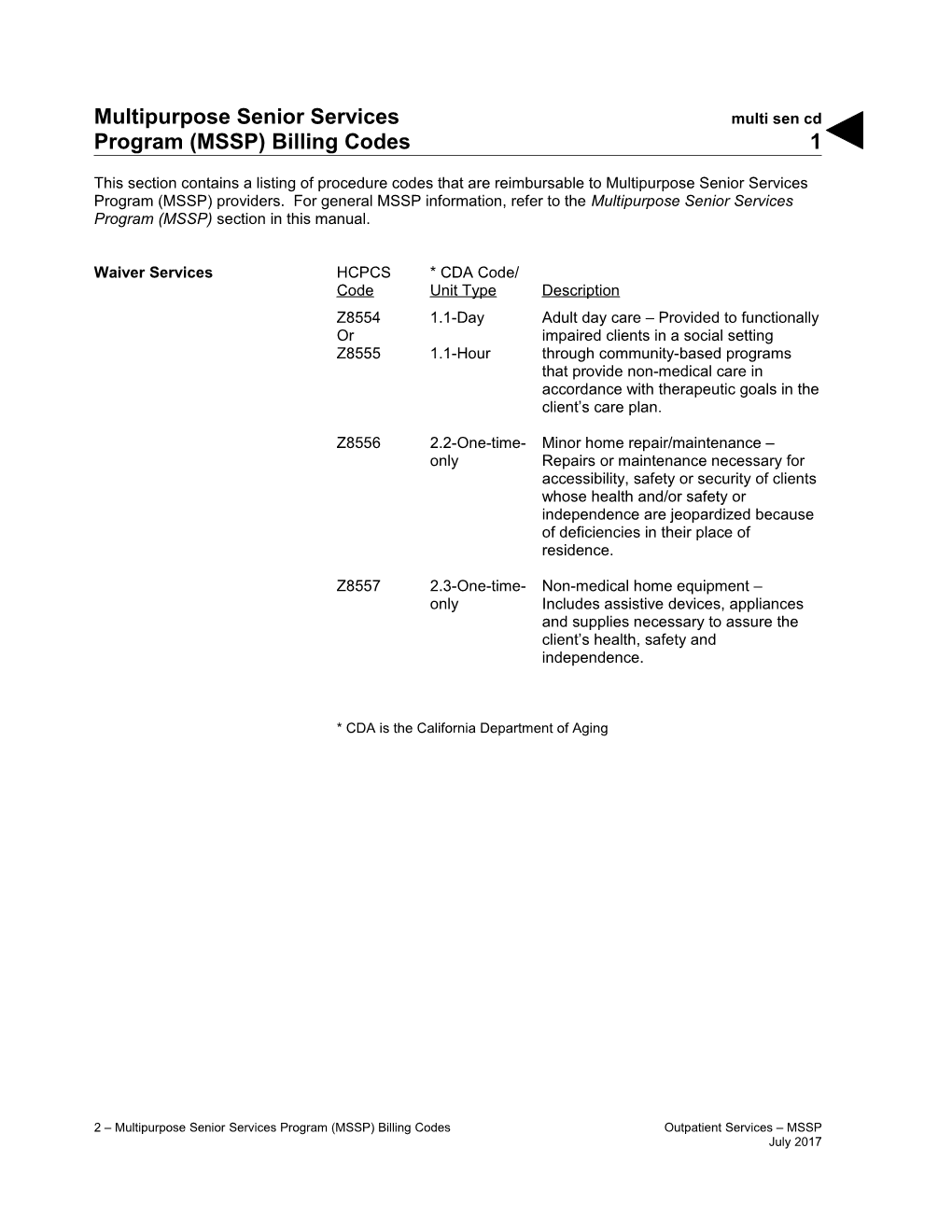 Multipurpose Senior Services Program (MSSP) Billing Codes (Multi Sen Cd)