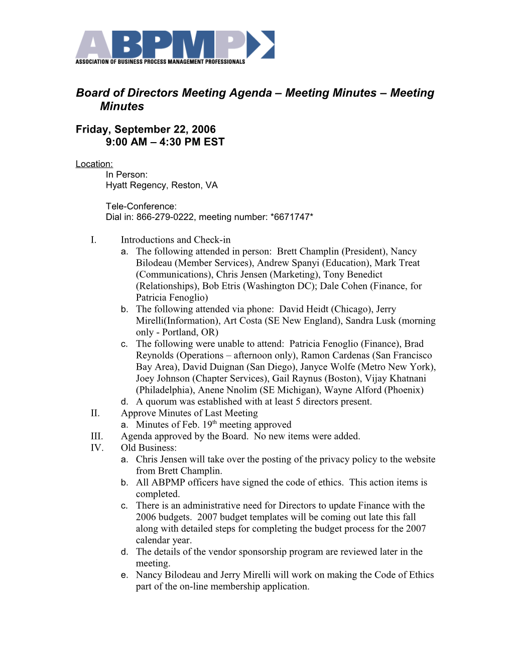 Board of Directors Meeting Agenda Meeting Minutes