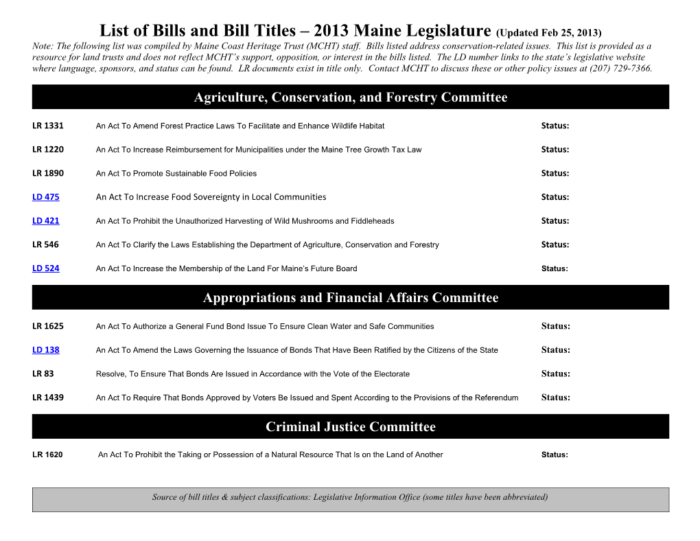 List of Bills and Bill Titles 2013 Maine Legislature(Updated Feb 25, 2013)