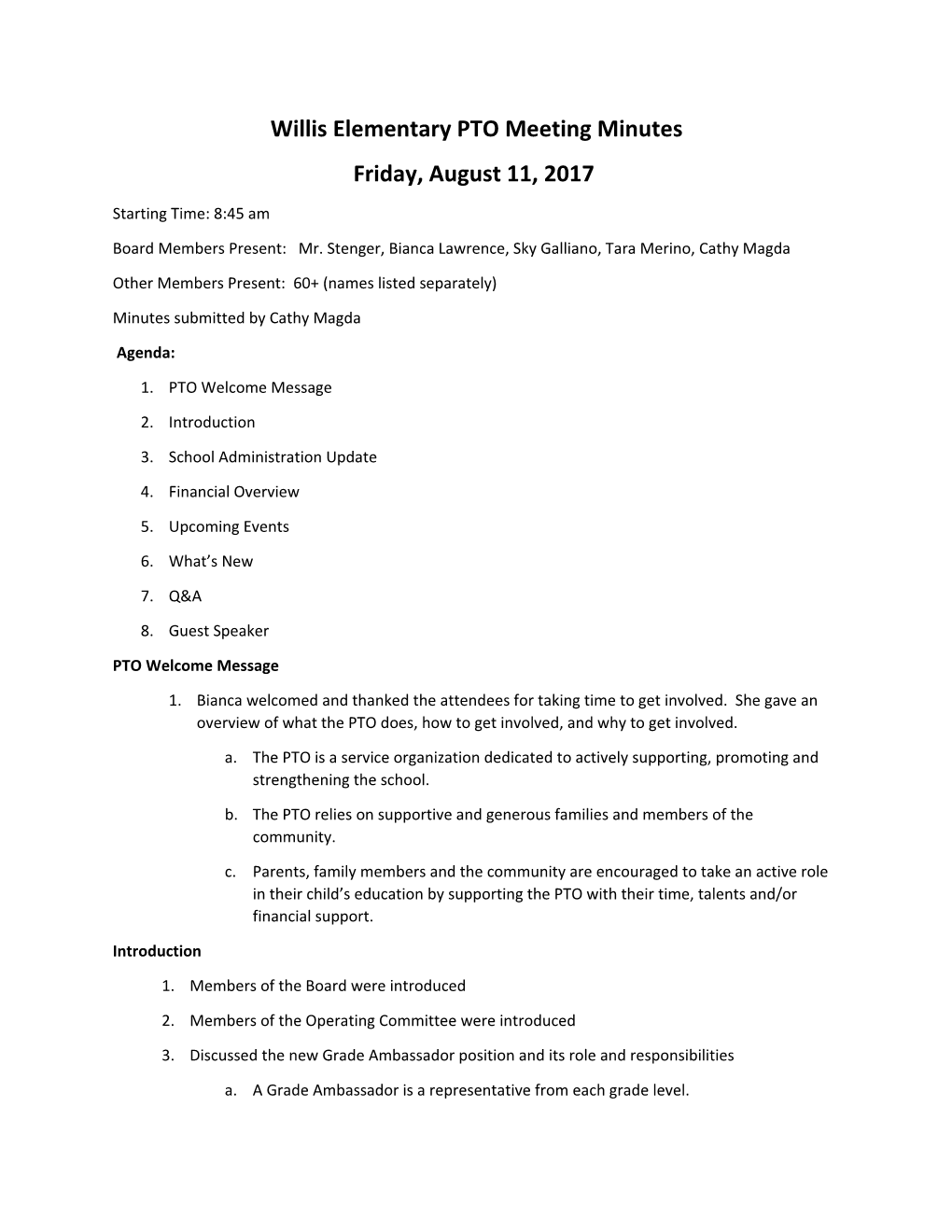 Willis Elementary PTO Meeting Minutes