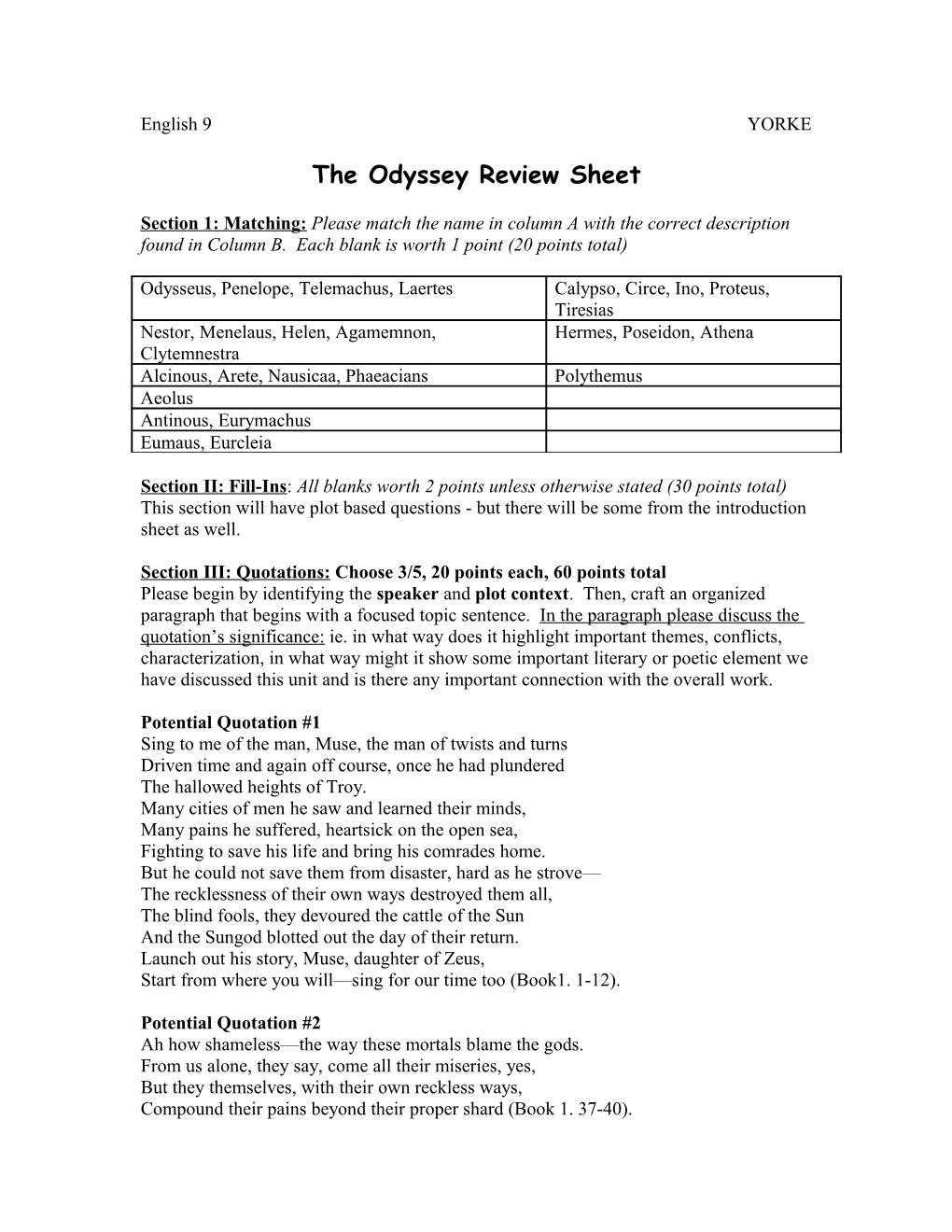 The Odyssey Review Sheet