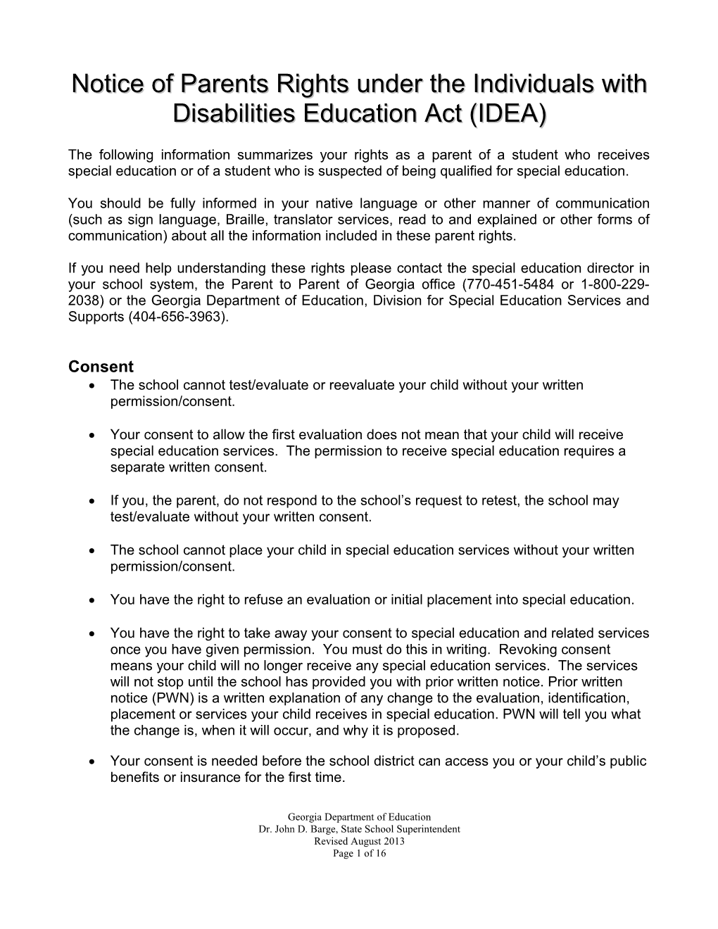 Notice of Parents Rights Under the Individuals with Disabilities Education Act (IDEA)