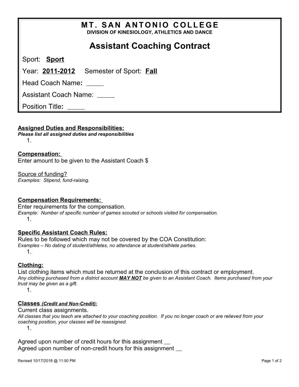 Assistant Coach Contract