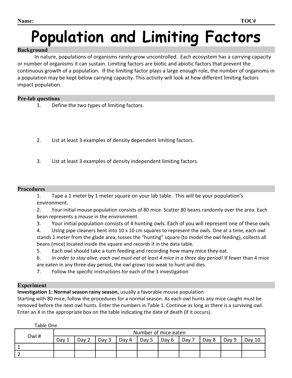 Population and Limiting Factors