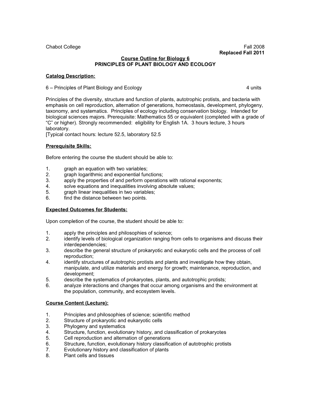 Course Outline for Biology 6, Page 1