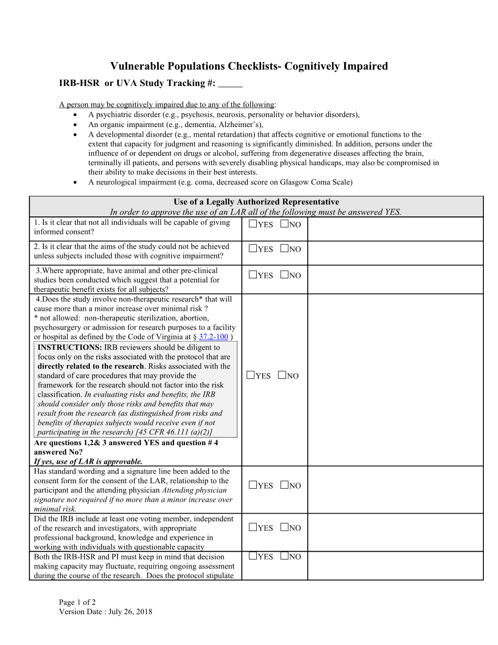 Vulnerable Populations Checklists- Cognitively Impaired