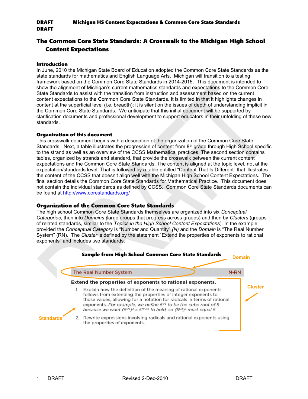 The Common Core State Standards: a Crosswalk to the Michigan High School Content Expectations