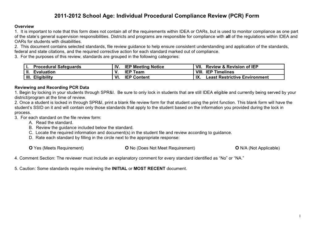 2011-2012School Age:Individual Procedural Compliance Review (PCR) Form