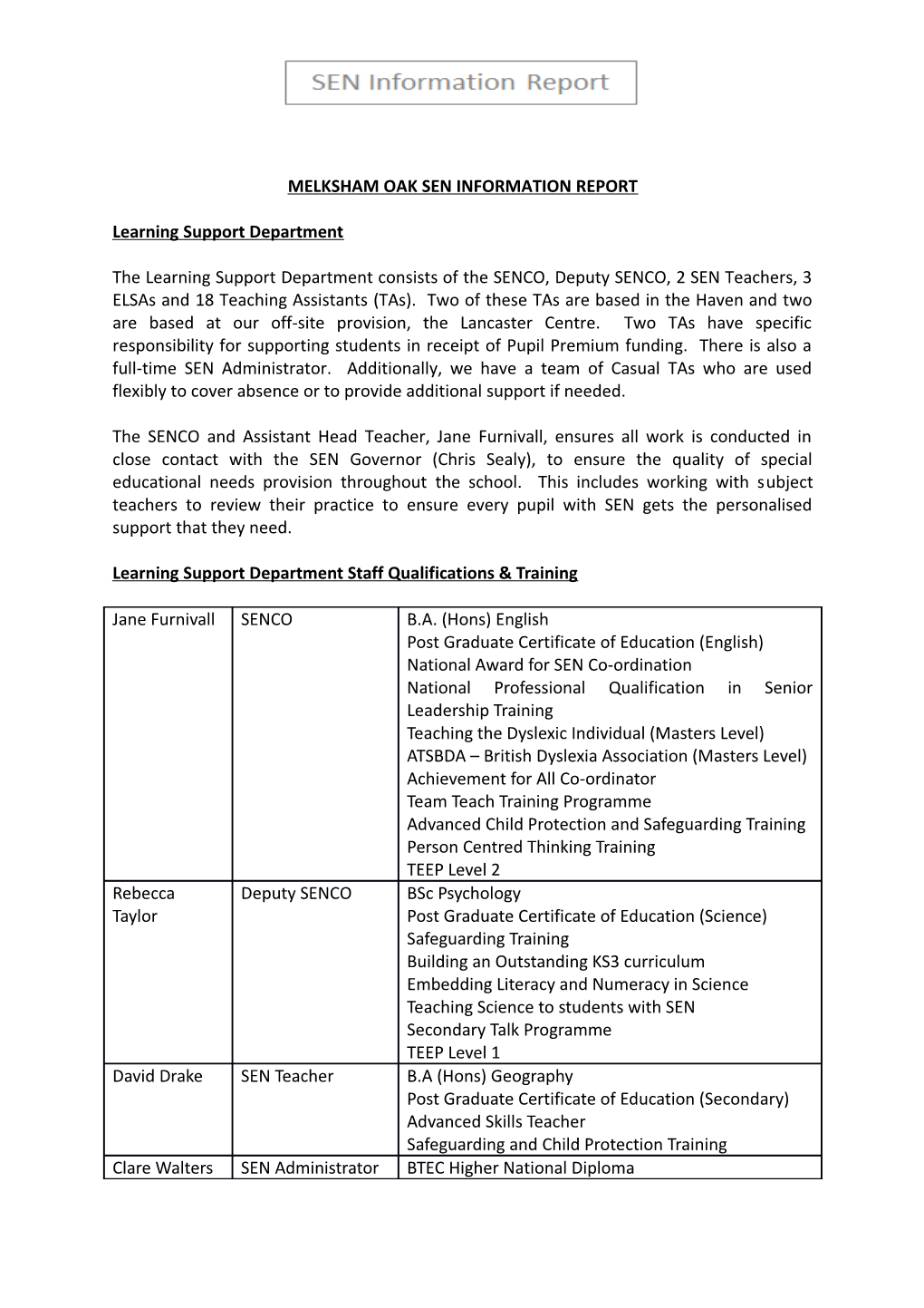 Melksham Oak Sen Information Report