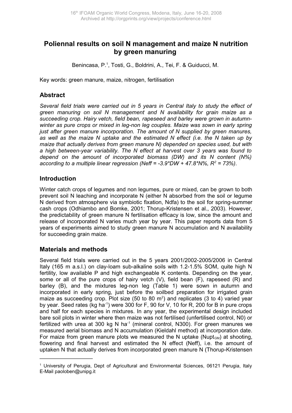 Poliennal Results on Soil N Management and Maize N Nutrition by Green Manuring