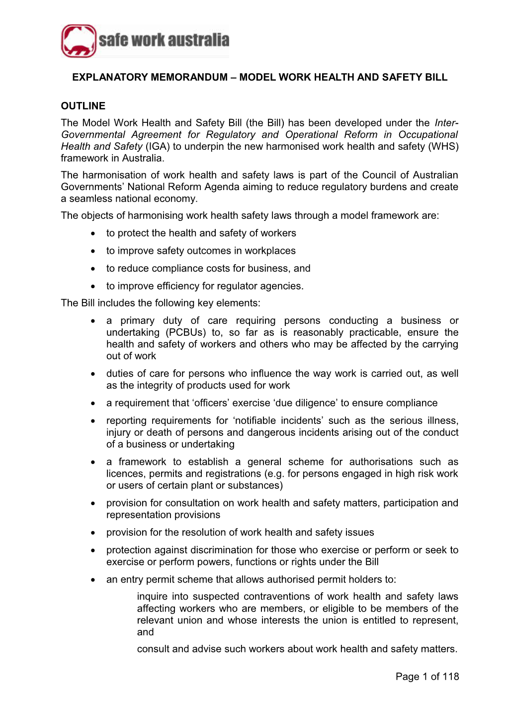 Explanatory Memorandum - Model Work Health and Safety Act