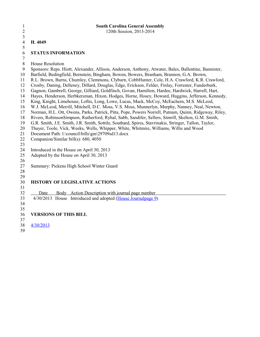 2013-2014 Bill 4049: Pickens High School Winter Guard - South Carolina Legislature Online