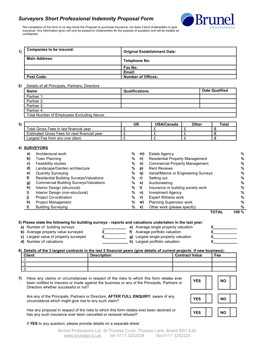 Surveyors Short Professional Indemnity Proposal Form