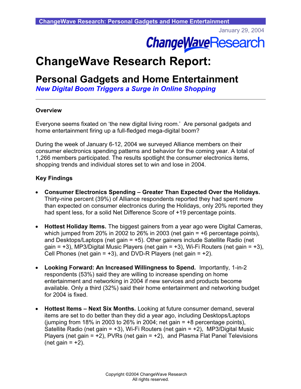 Changewave Research: Personal Gadgets and Home Entertainment