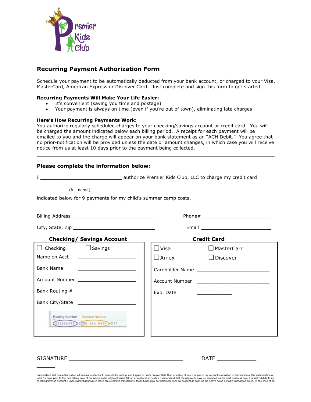 Recurring Payment Authorization Form ACH Or Credit Card Payment