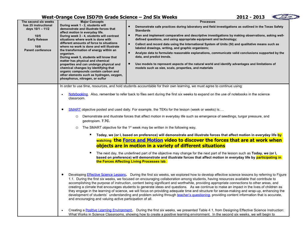 West-Orange Cove ISD	7Th Grade Science 2Nd Six Weeks 2012 - 2013