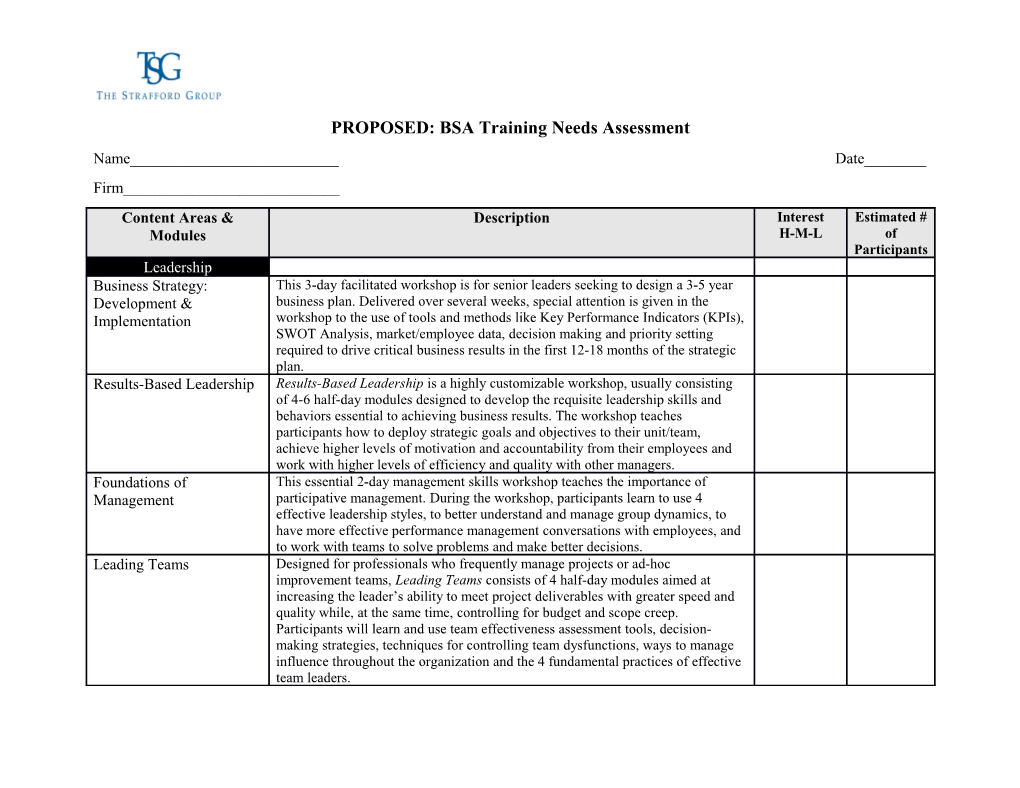 PROPOSED: BSA Training Needs Assessment