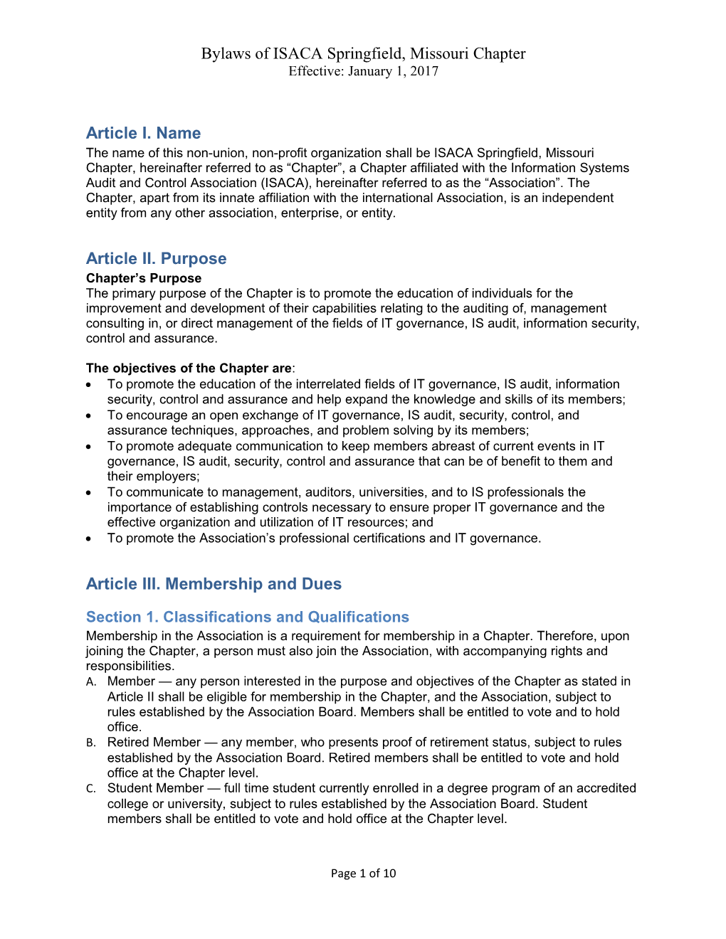 Bylaws of ISACA Springfield, Missouri Chapter