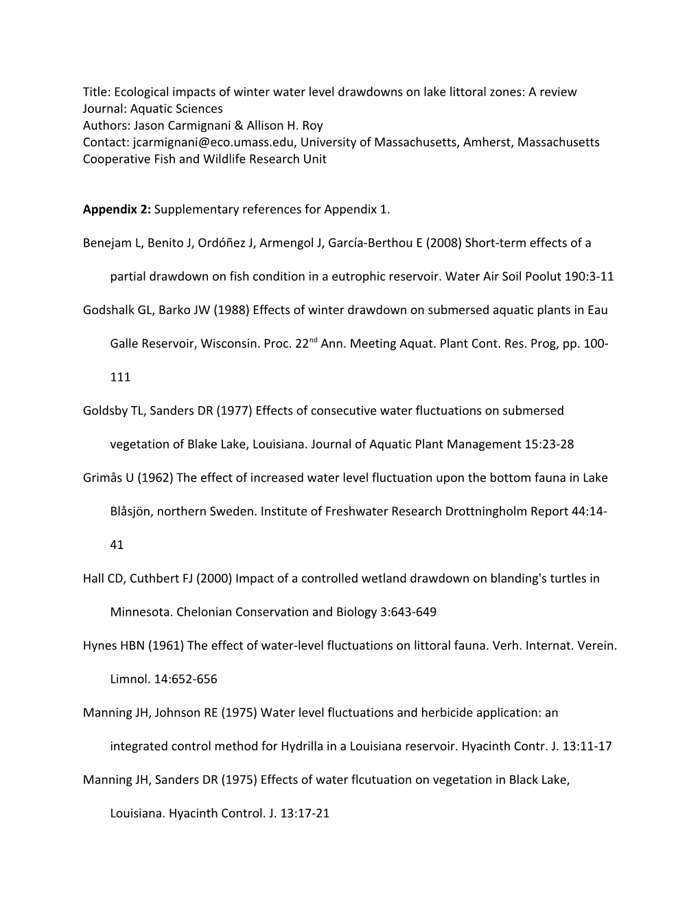 Title: Ecological Impacts of Winter Water Level Drawdowns on Lake Littoral Zones: a Review