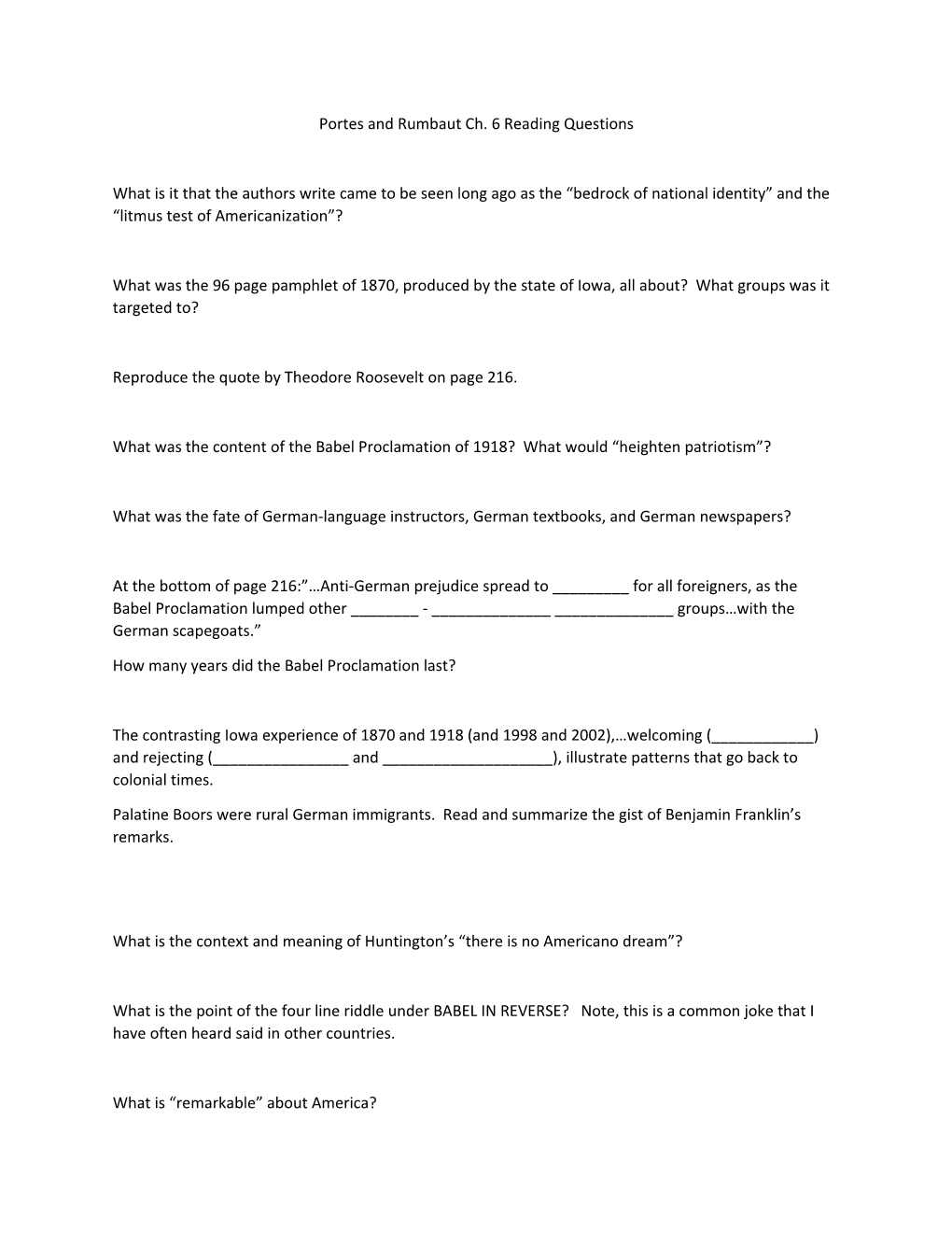 Portes and Rumbaut Ch. 6 Reading Questions