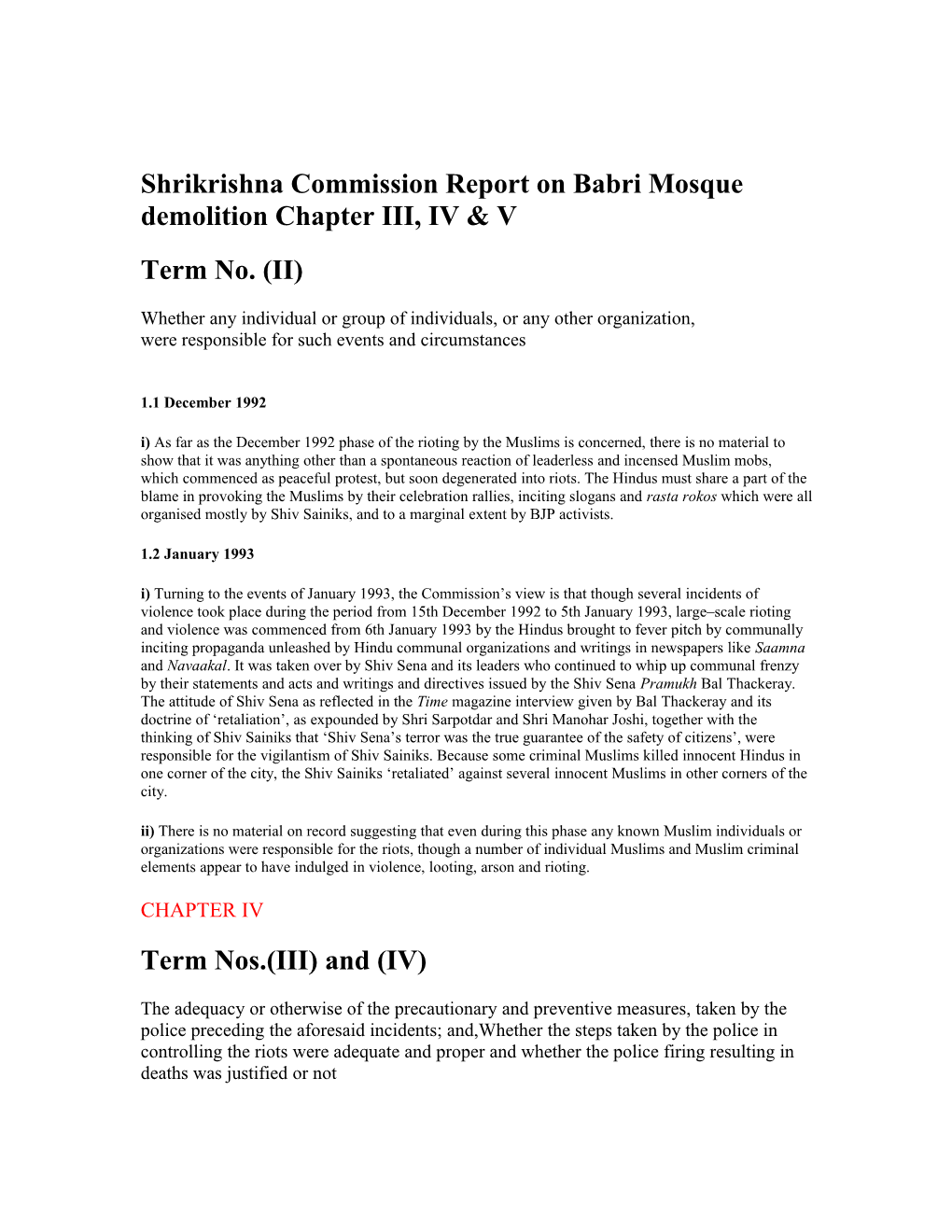 Shrikrishna Commission Report on Babri Mosque Demolition Chapter III, IV & V