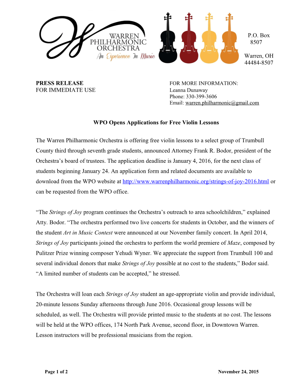 WPO Press Release: WPO Opens Applications for Free Violin Lessons