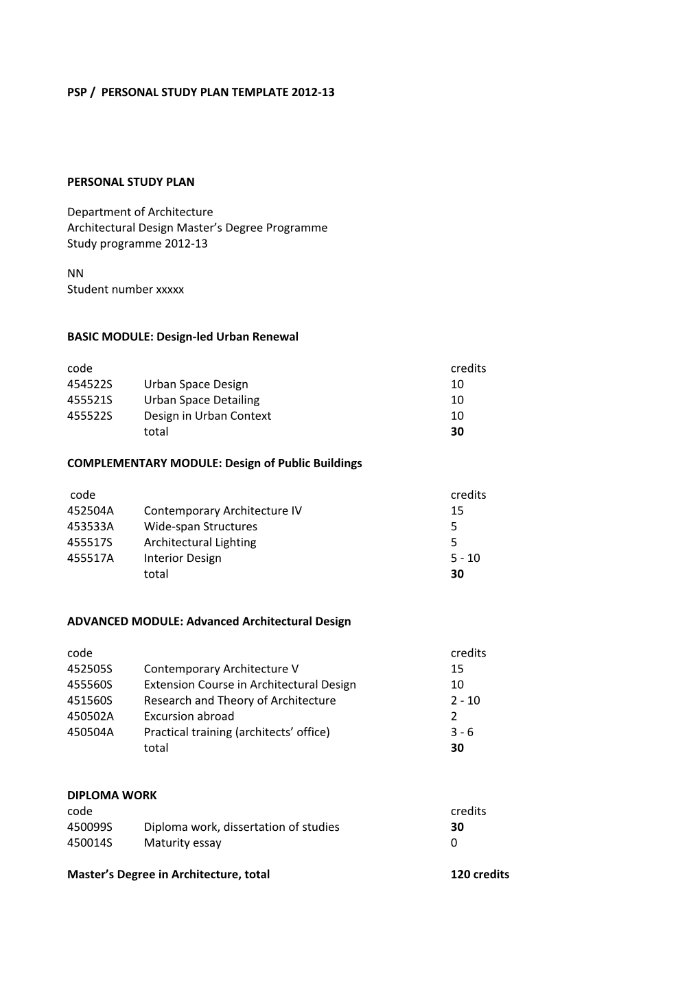 Psp / Personal Study Plan Template 2012-13