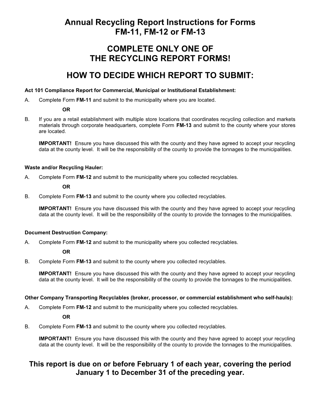 Annual Recycling Report Instructions for Forms