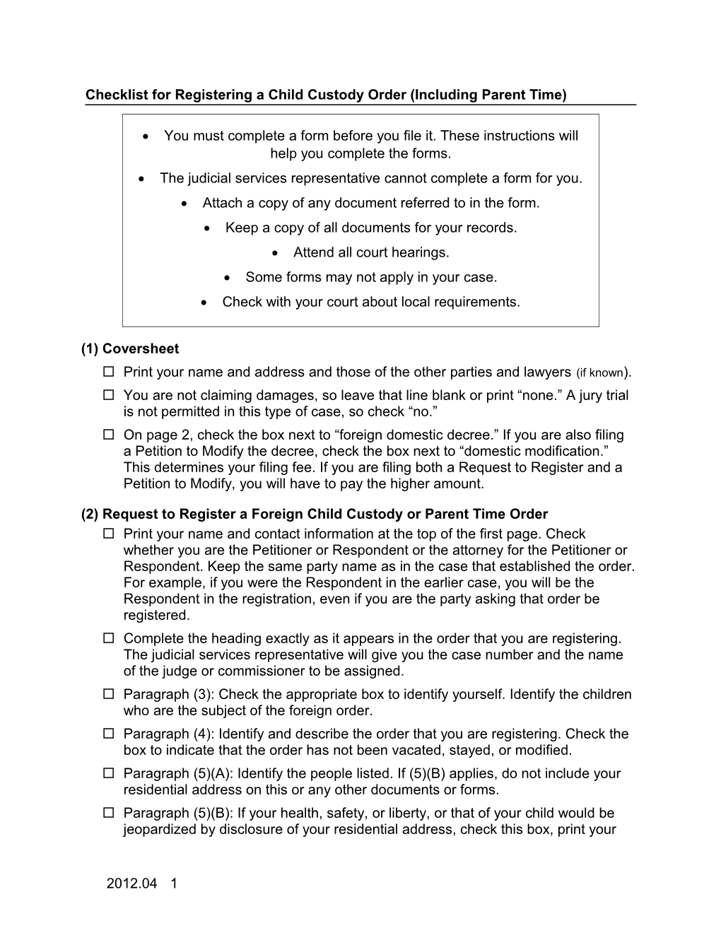 Checklist for Registering a Child Custody Order (Including Parent Time)