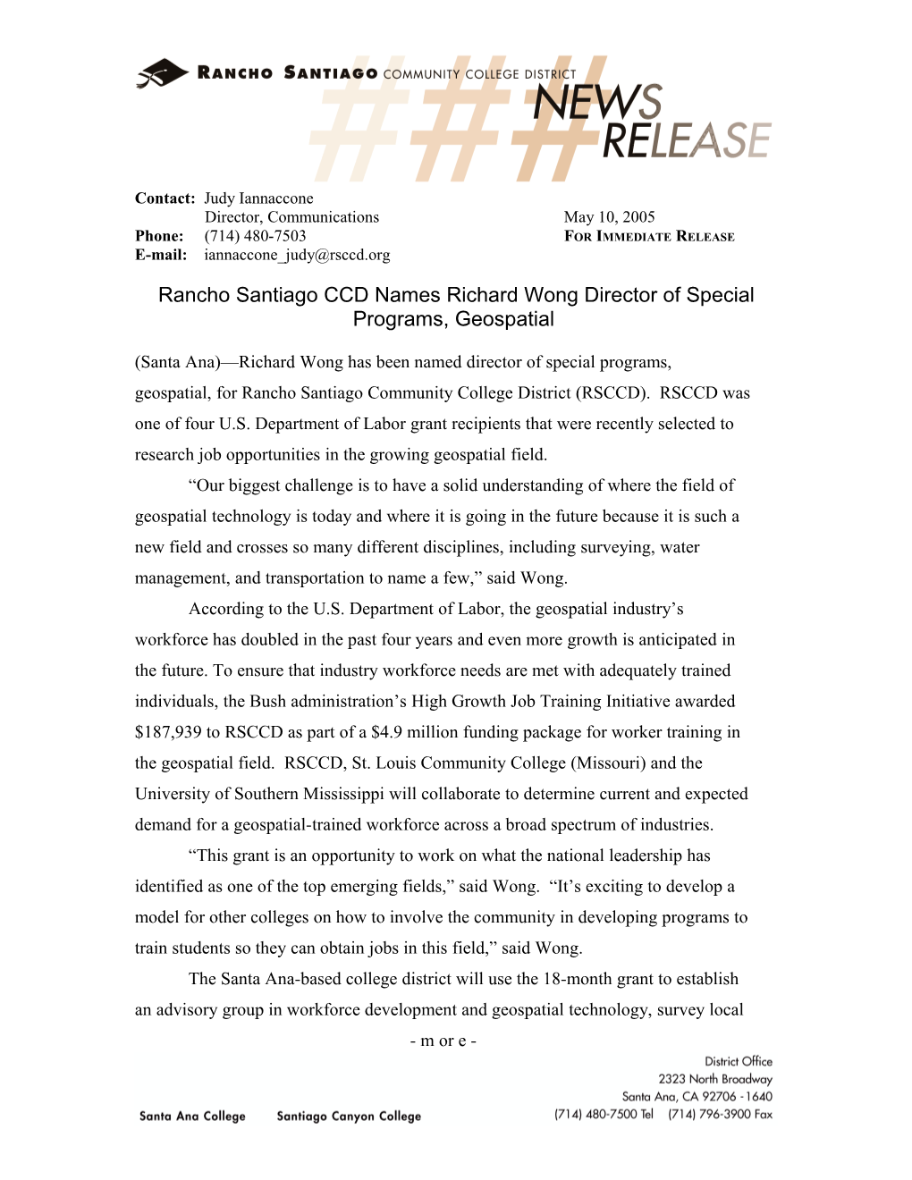 Rancho Santiago CCD Names Richard Wong Director of Special Programs, Geospatial