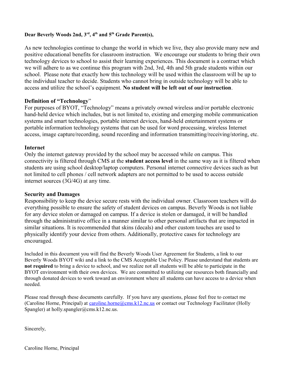 Copy of Beverly Woods BYOT Memo and User Agreement - Revised 8-2014