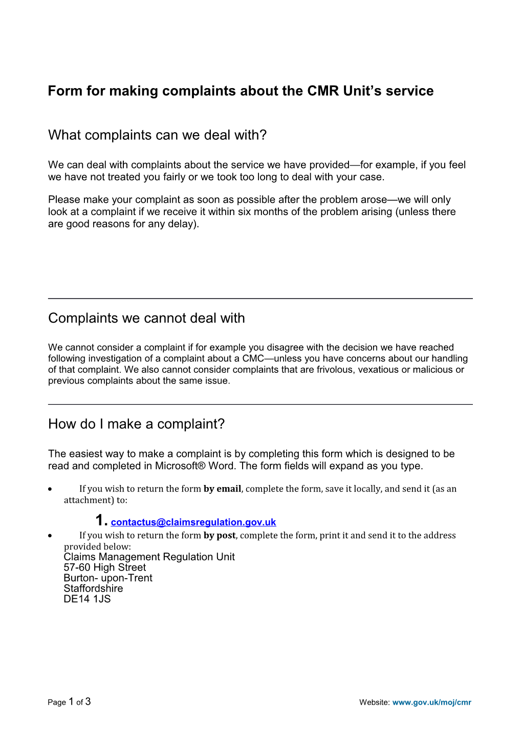 Form for Making Complaints About the CMR Unit S Service
