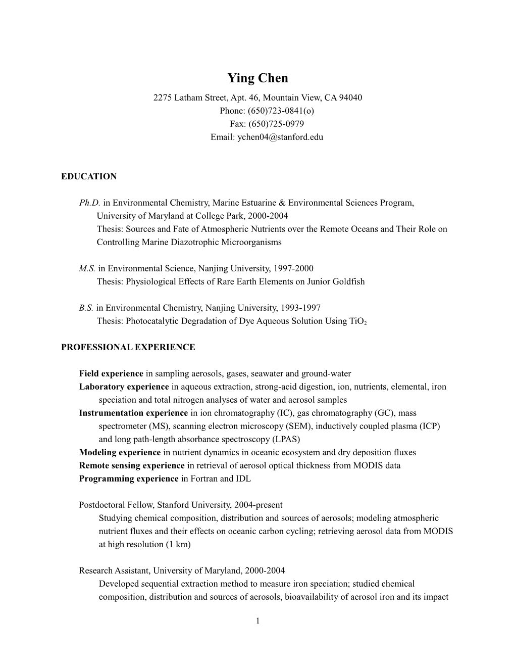 Curriculum Vitae of Ying Chen