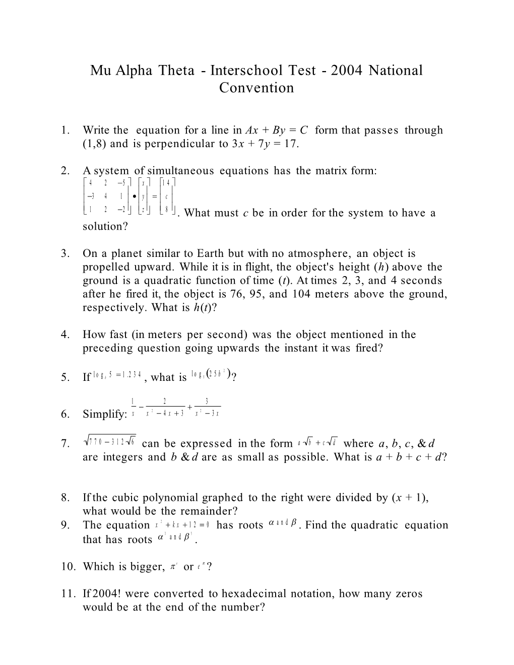 Mu Alpha Theta - Interschool Test - 2004 National Convention