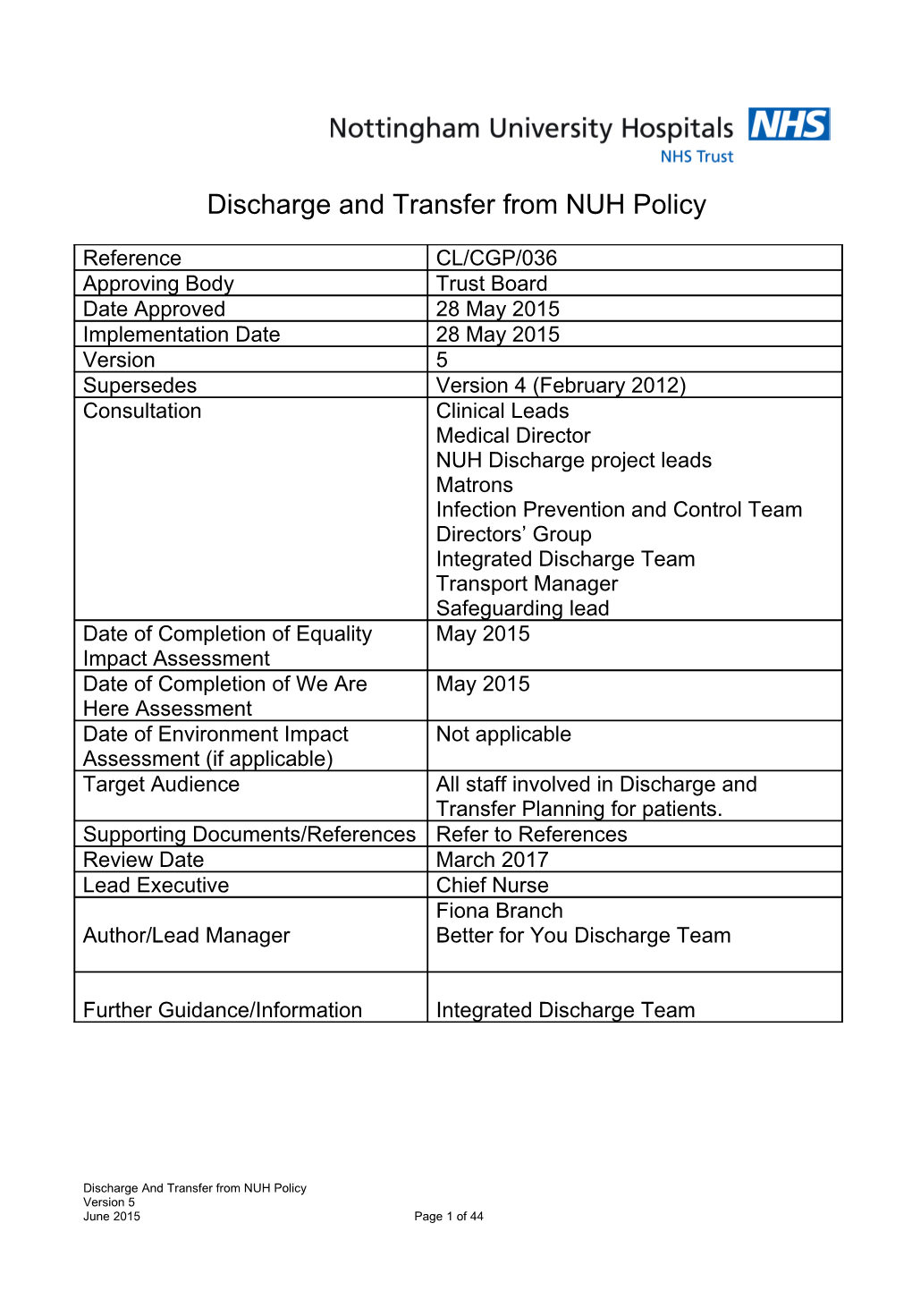 Discharge and Transfer Policy