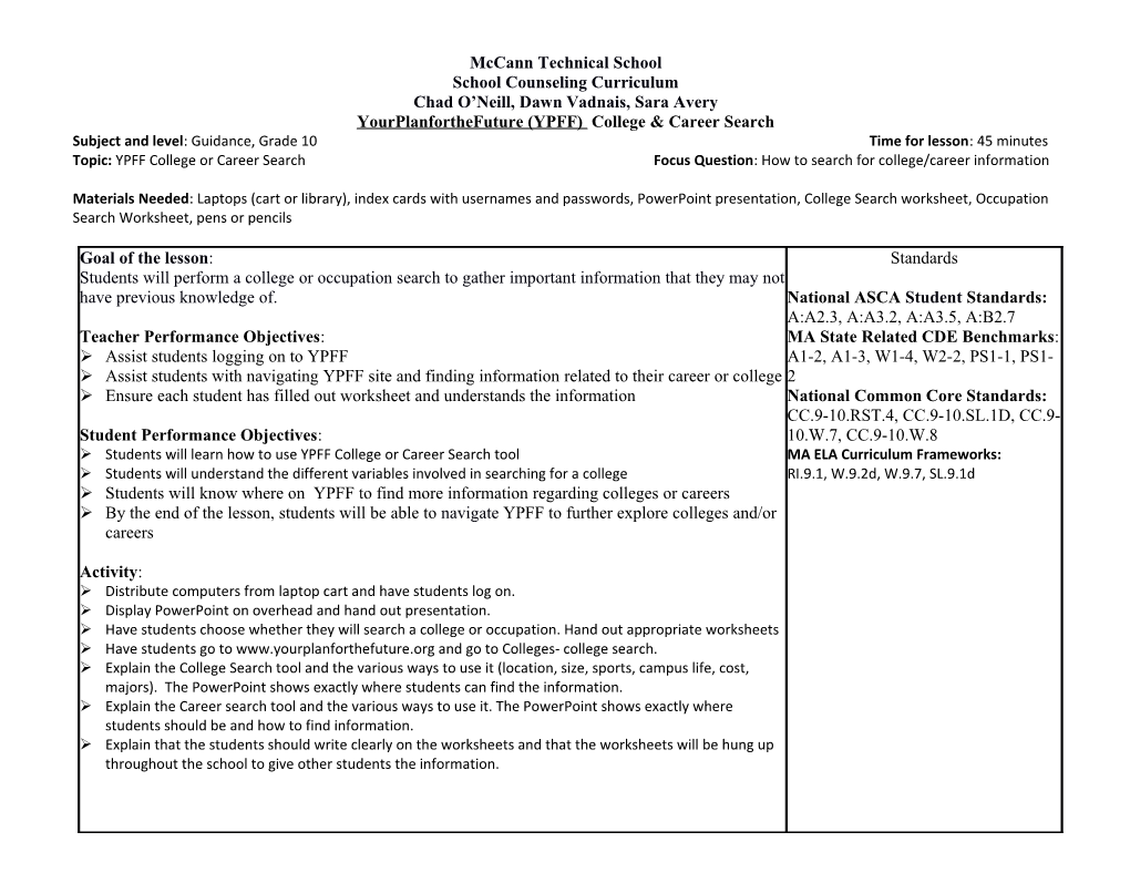 9 YPFF #1 Lesson Plan