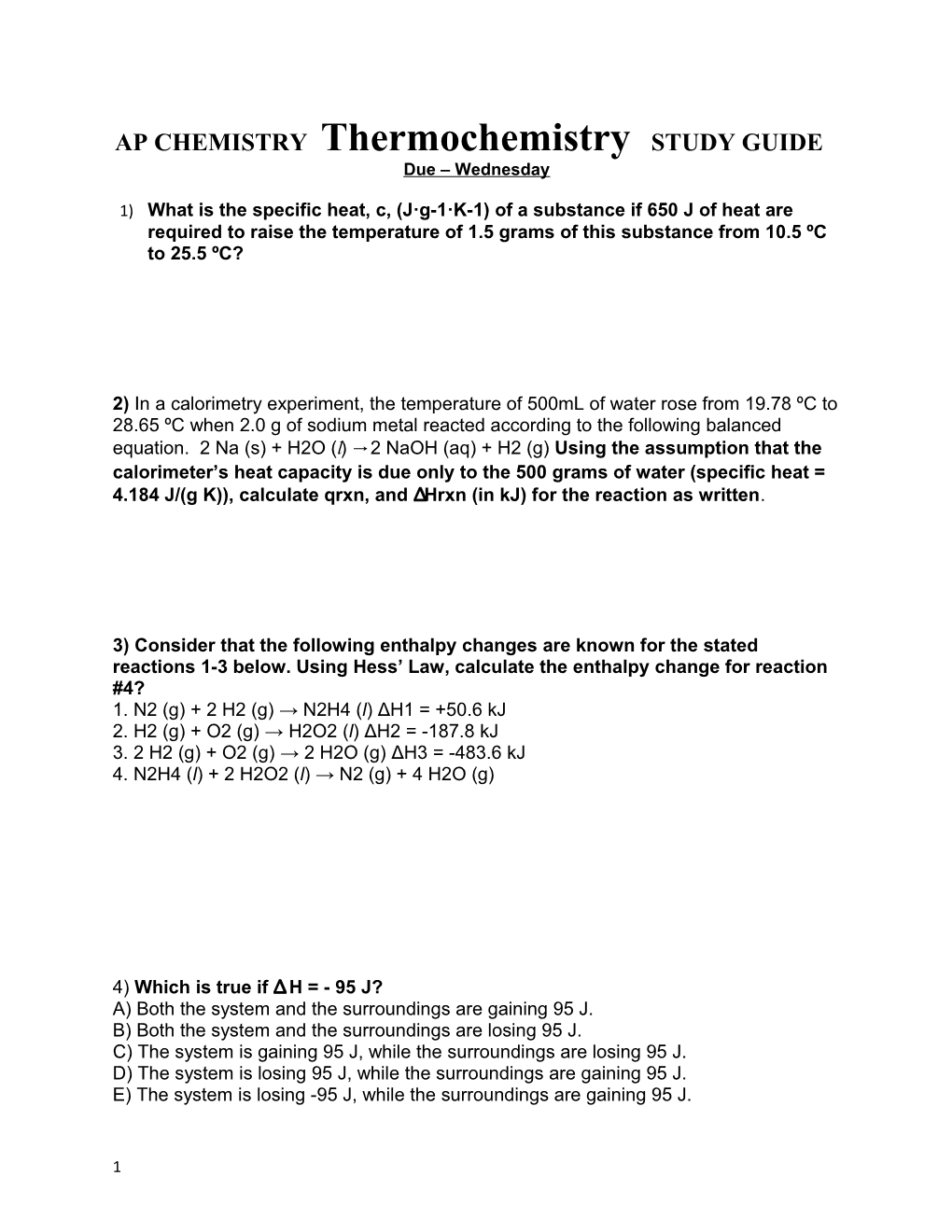 AP CHEMISTRY Thermochemistry STUDY GUIDE