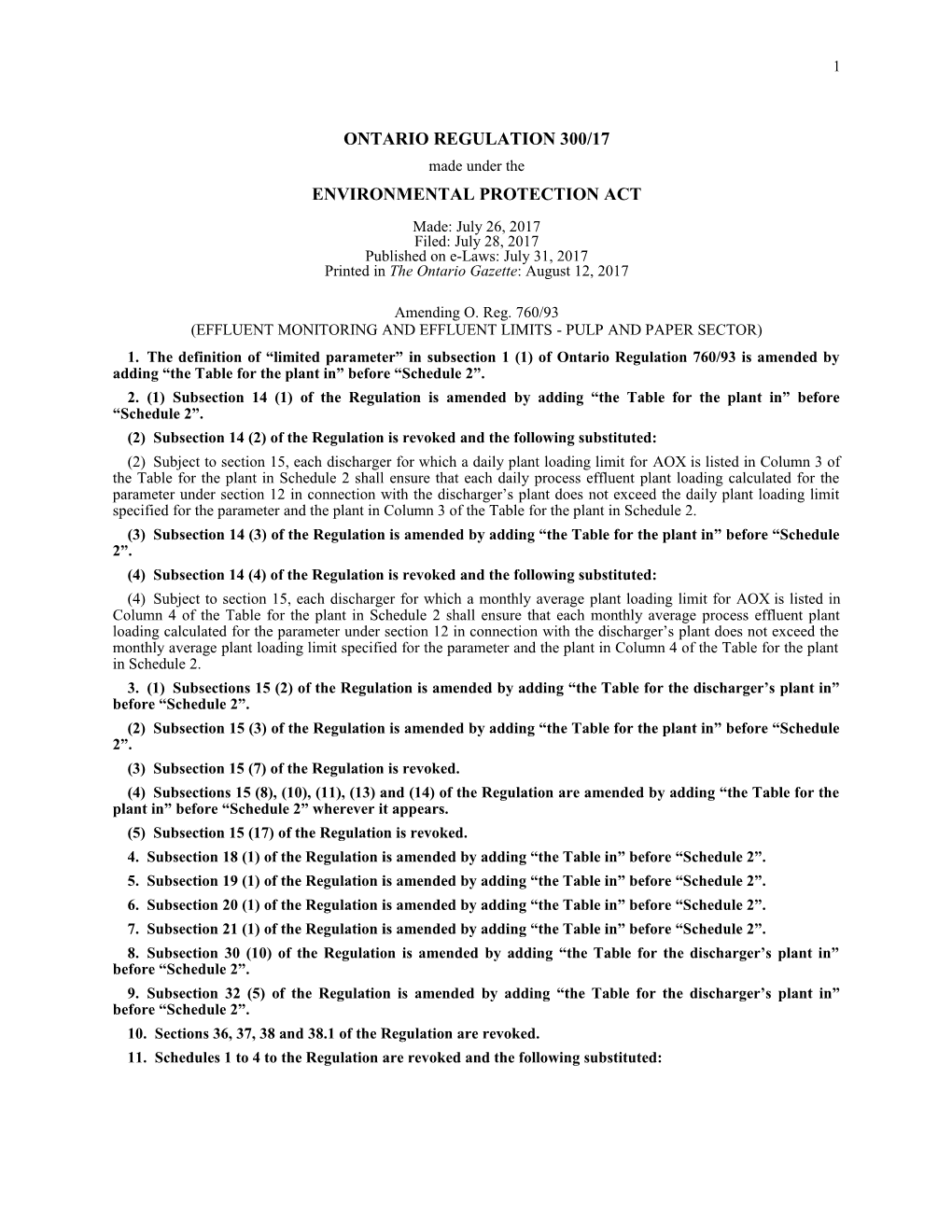 ENVIRONMENTAL PROTECTION ACT - O. Reg. 300/17