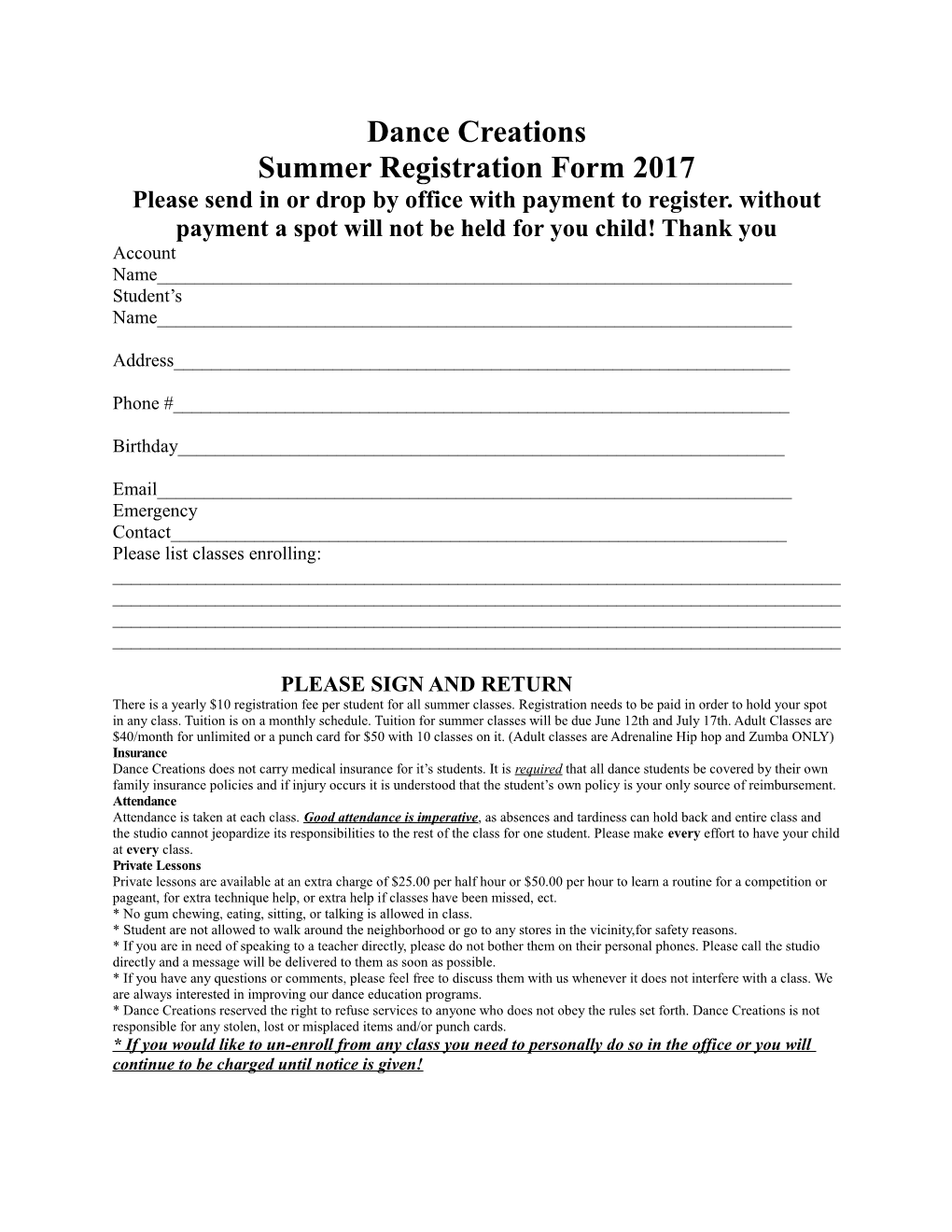 Summer Registration Form 2017