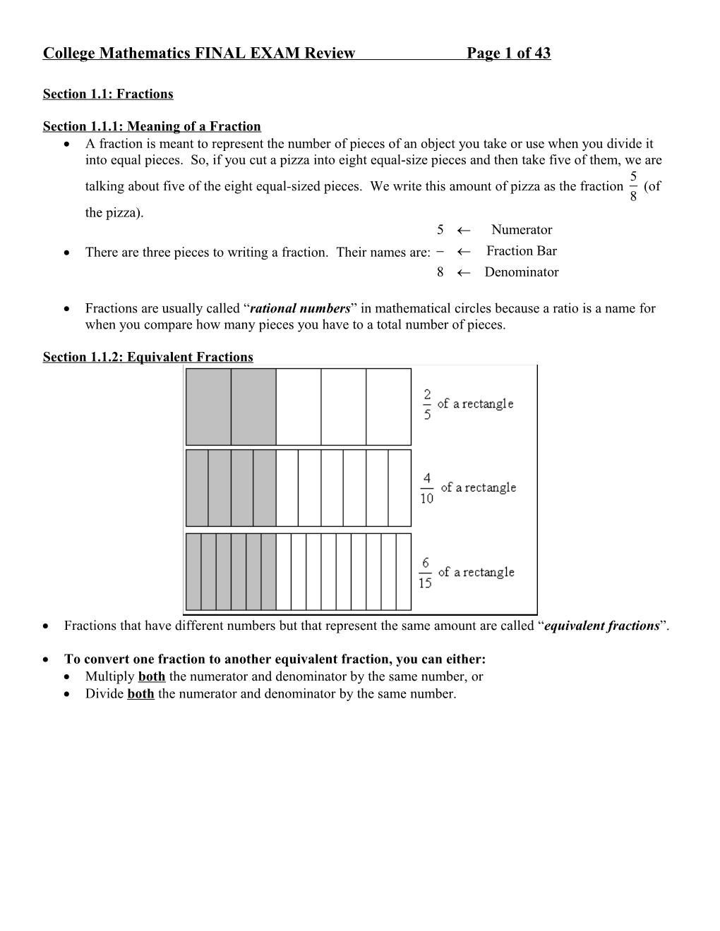 College Algebra FINAL EXAM Review, Fall 2010