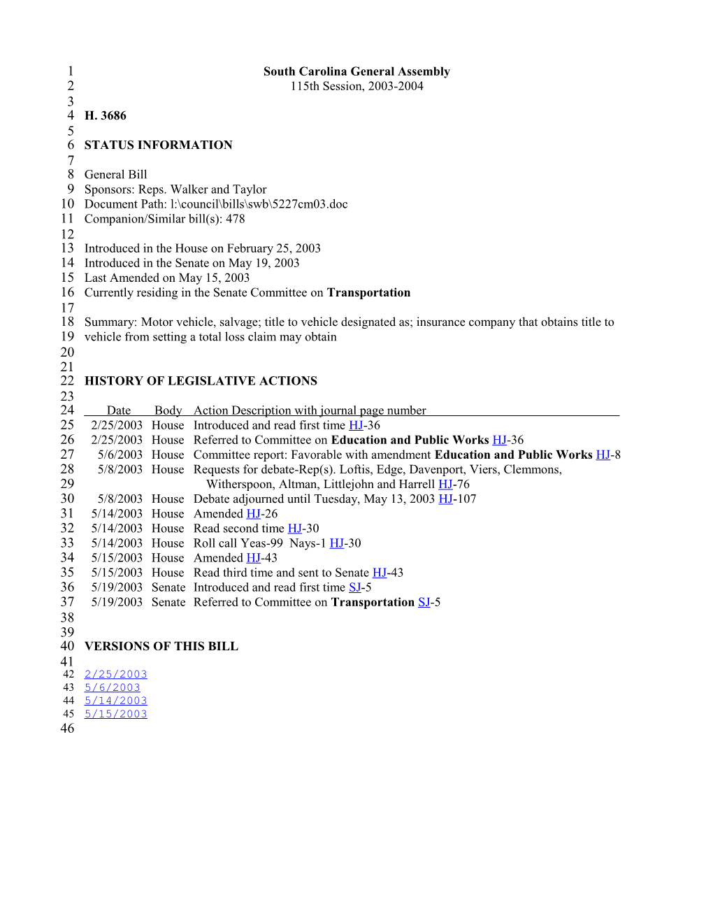 2003-2004 Bill 3686: Motor Vehicle, Salvage; Title to Vehicle Designated As; Insurance