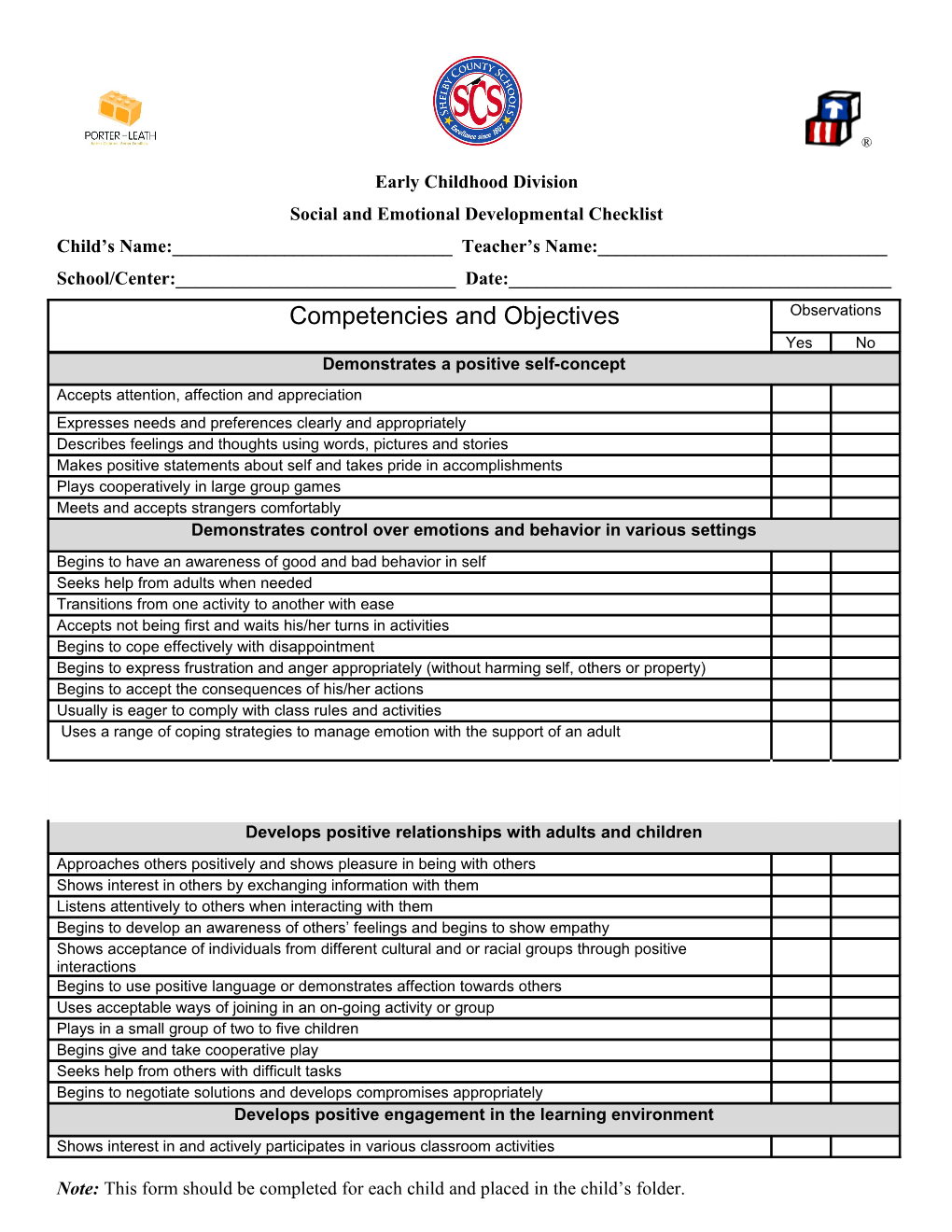 Social and Emotional Developmental Checklist