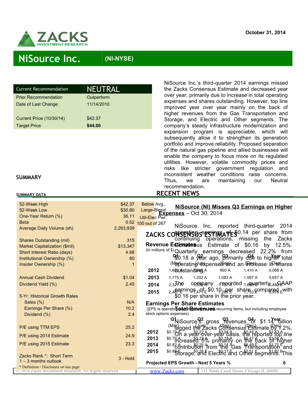 Nisource (NI) Misses Q3 Earnings on Higher Expenses Oct 30, 2014